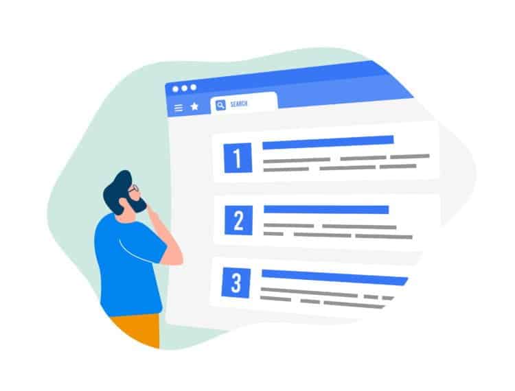 Illustrated man looking at search results